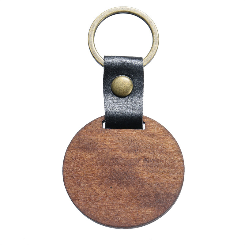 Keychains Lanyards Diy Wooden Keychain Blank Carved Leather Wood Pendant Decorative Heart Round Key Chain Keyring