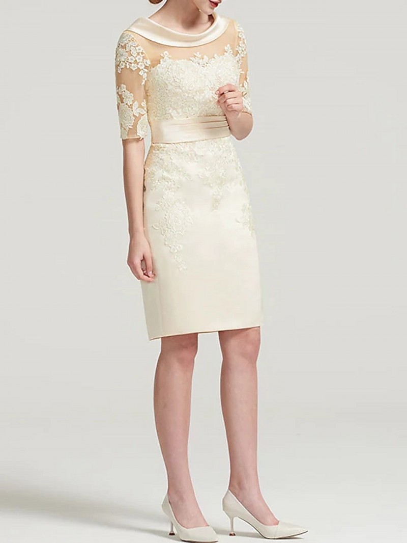 Vintage Sheath Mother of the Bride Dress Plus Size Scoop Short Sleeves Knee Length Satin Lace Wedding Party Guest Gowns Robe De Soiree 2023