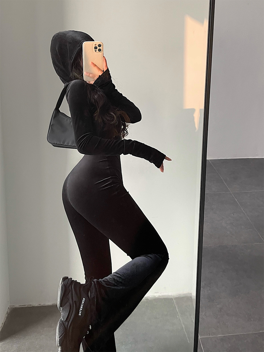 Women's Jumpsuits Rompers TVVOVVIN Fashion Black Velvet Slim Hooded Zipper Long Sleeve Flare Pants Jumpsuit Rompers Korean Sexy Tops 9P64 230223