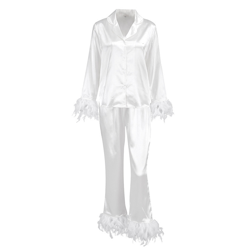 Women's Sleepwear NHKDSASA Feathers Sleepwear Female 2 Piece Set Long Sleeve Turn Down Collar Tops Satin Casual Women Sets With Pants Summer 2302