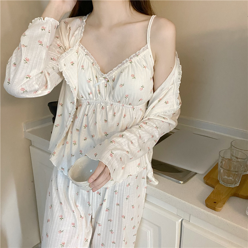 Women's Sleepwear Harajpee Pajama Three Piece Set Print Camisole Cardigan with Chest Pad Trousers Homewear Women's Spring Summer Mori Girl S