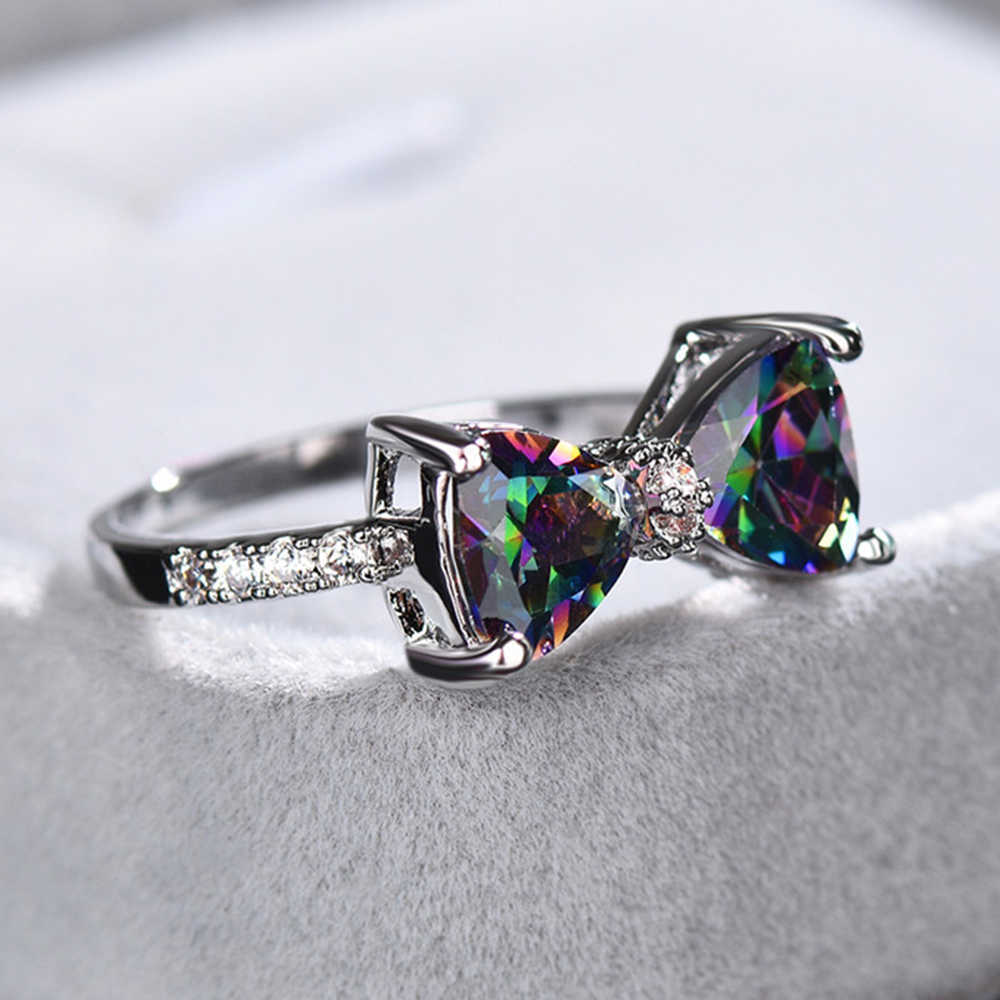 Band Rings Huitan Personality Multi-colored CZ Bow Rings for Women Fancy Bride Wedding Ceremony Party Finger-ring Nice Gift Fashion Jewelry G230213