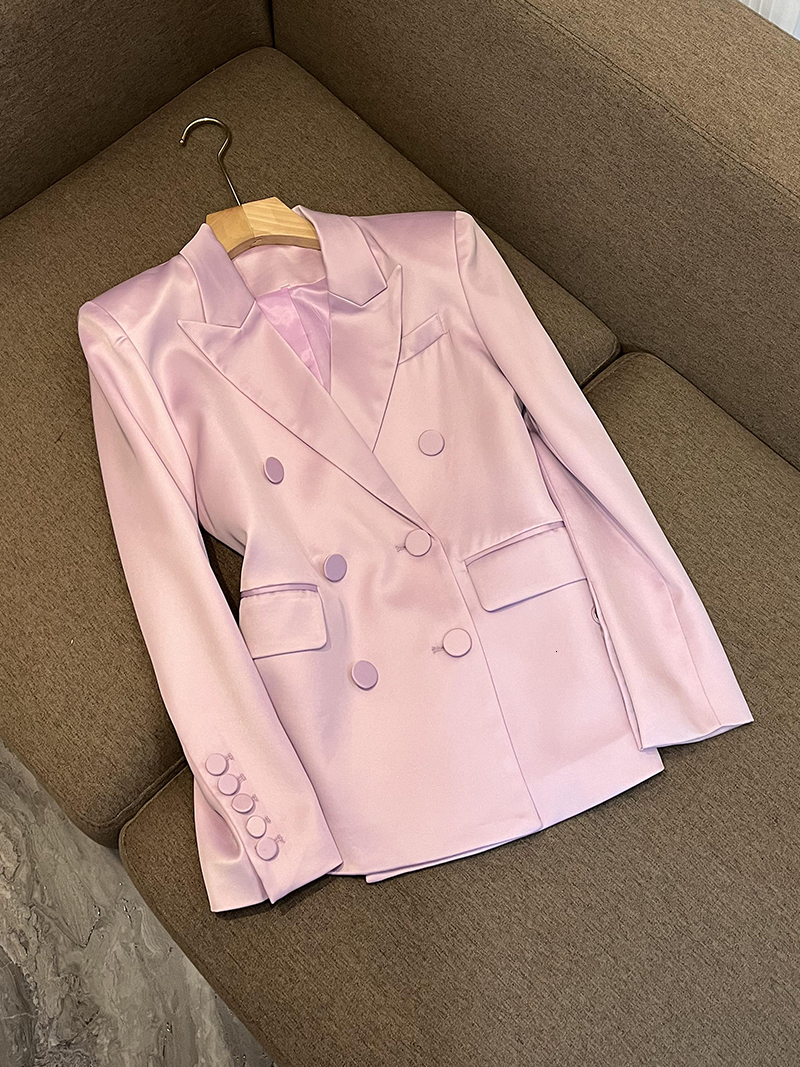 Two Piece Dress Casual Cutting Satin Fashion Office Suit Doublebreasted Blazer A Line Skirt Women Bright Color 2Pcs 230222