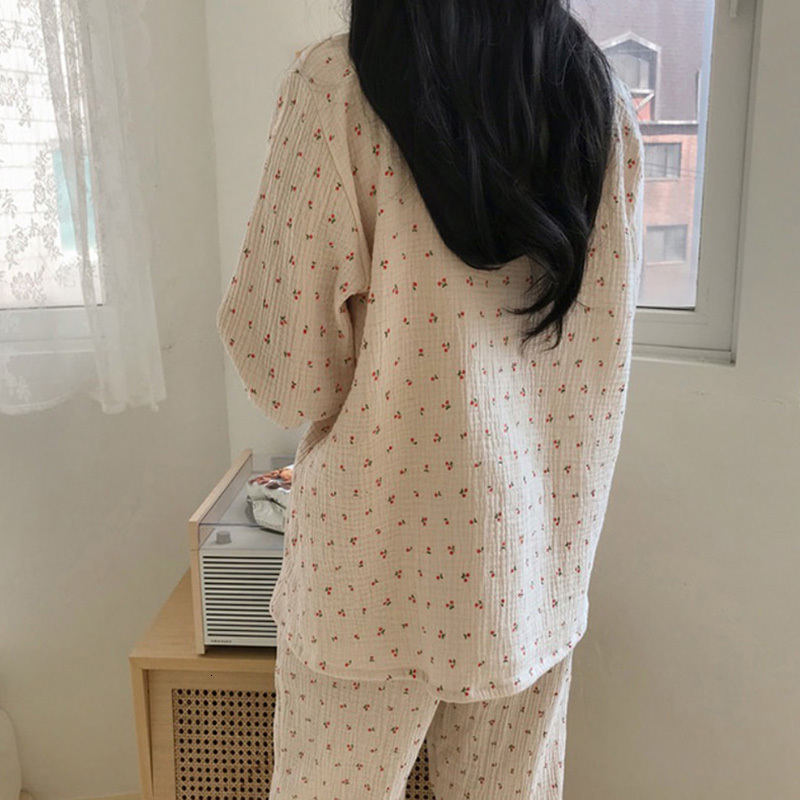 Women's Sleepwear Cotton Linen Sleepwear Set Sweet Cute Cherry Print Pajamas Vintage Kawaii Notched Pocket Home Suit ShirtTrousers Button S890 23