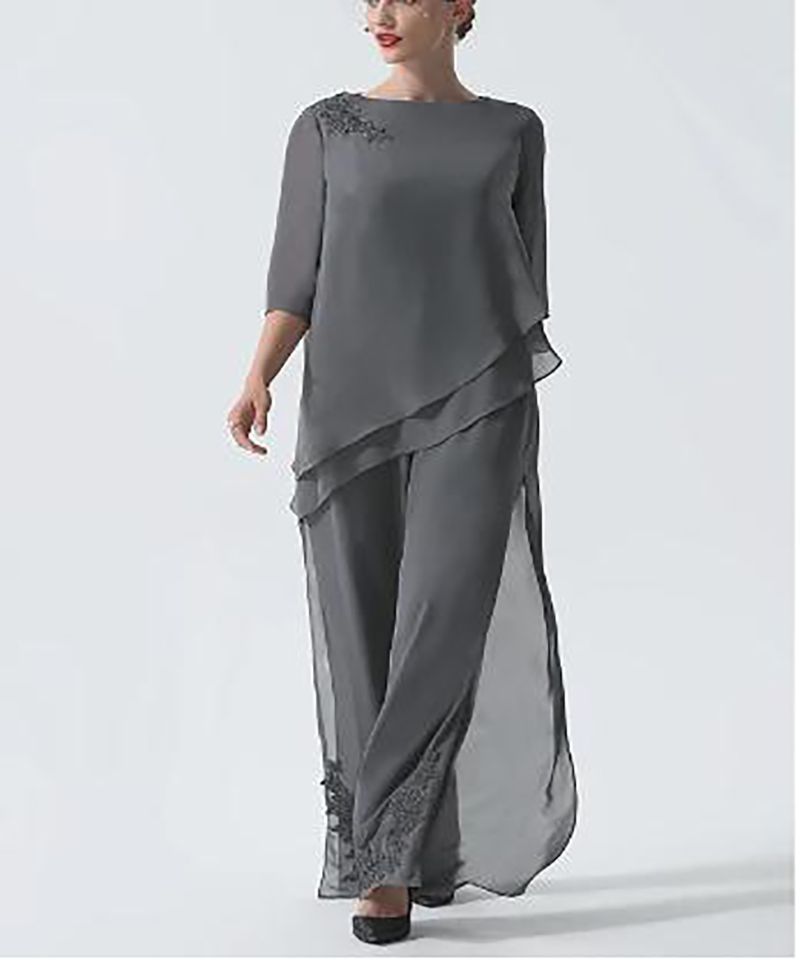 Elegant Grey Mother Of The Bride Pants Suits Chiffon Wide Trousers Half Sleeves Jewel Neck Wedding Party Gowns Stylish Groom Mom Formal Dresses Custom