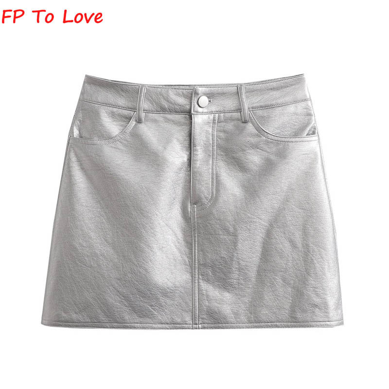 Skirts FP To Love French Silver PU Mini Sexy High Waist Hip Skirt Chic Retro Short ALine 230224