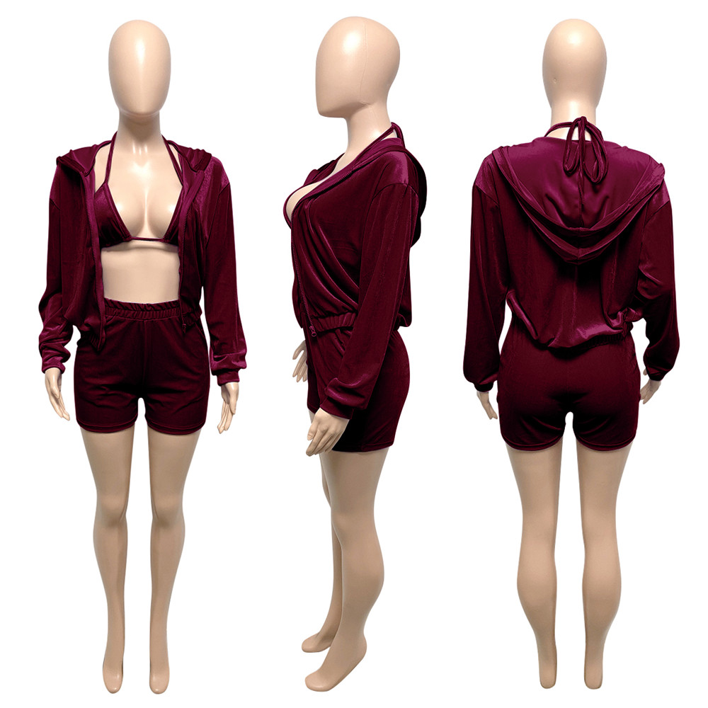 2023 Designer Velvet 3 Pieces Sets Women Tracksuits Sexy Halterneck Bra Shorts and Jacket 3pcs Spring Outfits Casual Velour Sweatsuits Bulk Wholesale 