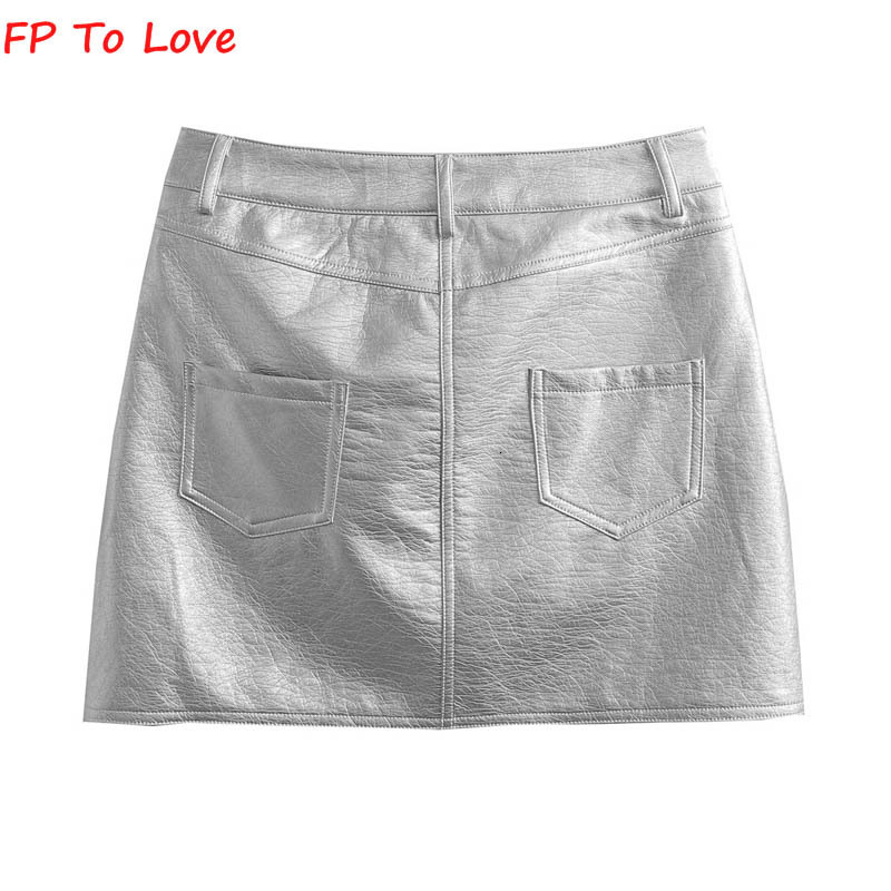 Skirts FP To Love French Silver PU Mini Sexy High Waist Hip Skirt Chic Retro Short ALine 230224