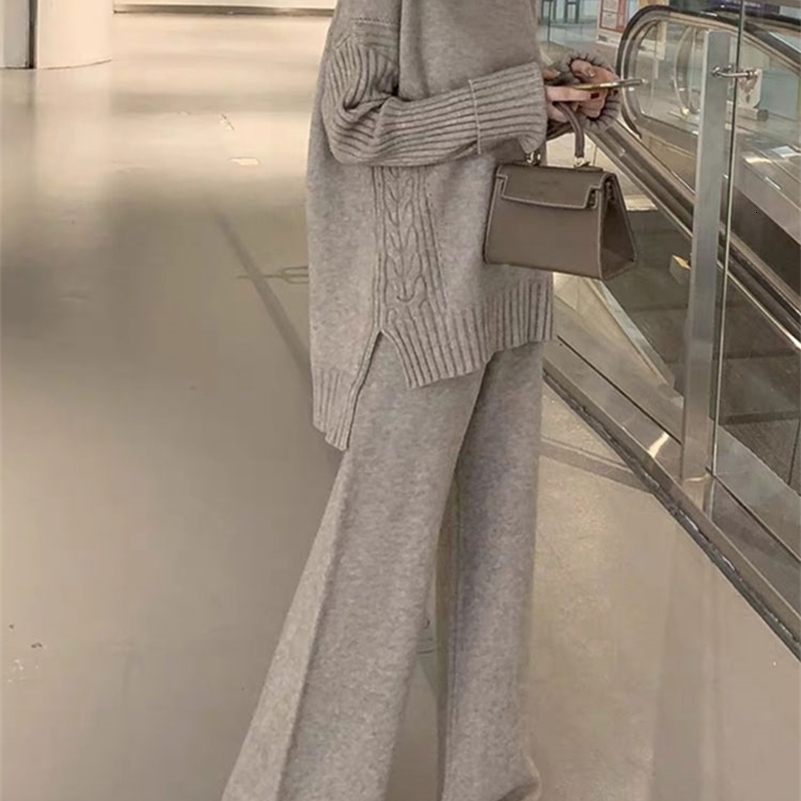Women's Two Piece Pants JXMYY Sweater Set Women Tracksuit Spring Autumn Knitted Suits 2 Warm Turtleneck Pullovers Wide Legs 230223
