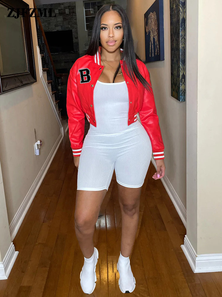 Womens Jackets Letter B PU Faux Leather Crop Bomber Coat Ladies Stand Collar Full Sleeve Baseball Streetwear Button Down Slim Fit Coats 230224