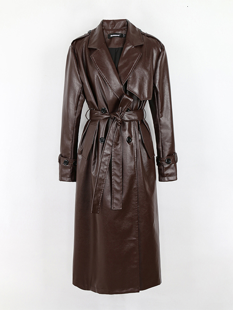 Womens Jackets Lautaro Spring Autumn Long Black Soft Pu Leather Trench Coat for Women Belt Double Breasted Cool Handsome European Fashion 230224