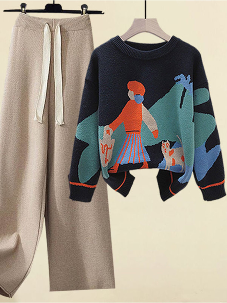 Women's Two Piece Pants Fall Winter 2 Piece Sets Womens Outfits Office Ladies Oversized Knitted Swerter And Wide Leg Pants Suits Knitting Two Pie