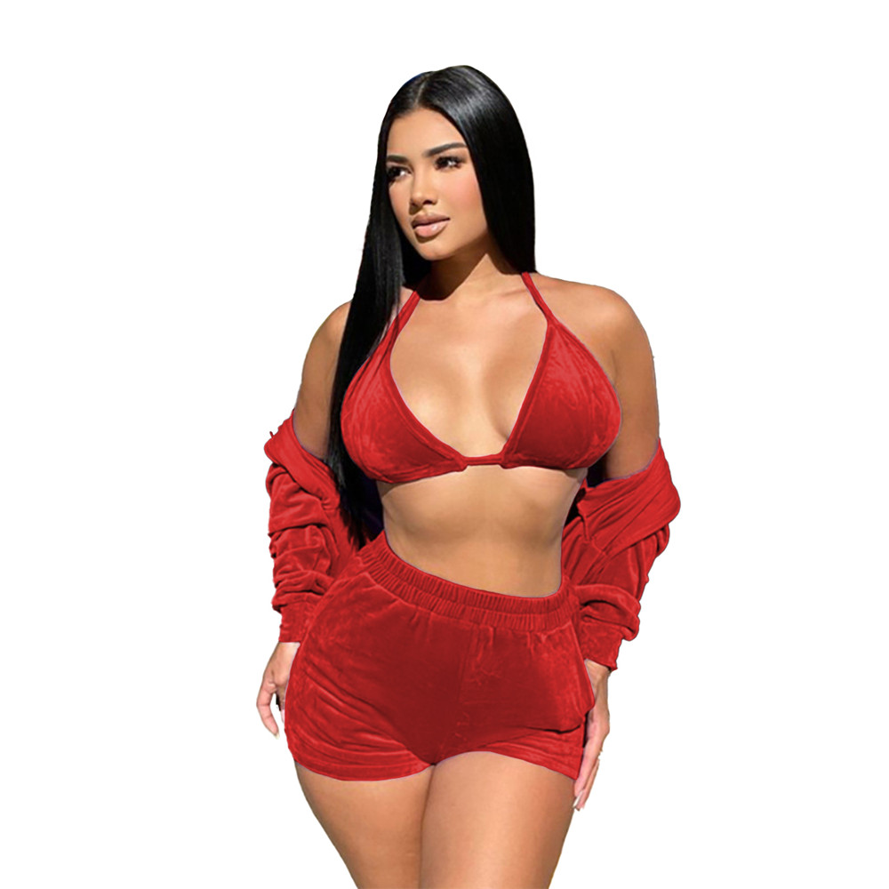 2023 Designer Velvet 3 Pieces Sets Women Tracksuits Sexy Halterneck Bra Shorts and Jacket 3pcs Spring Outfits Casual Velour Sweatsuits Bulk Wholesale 