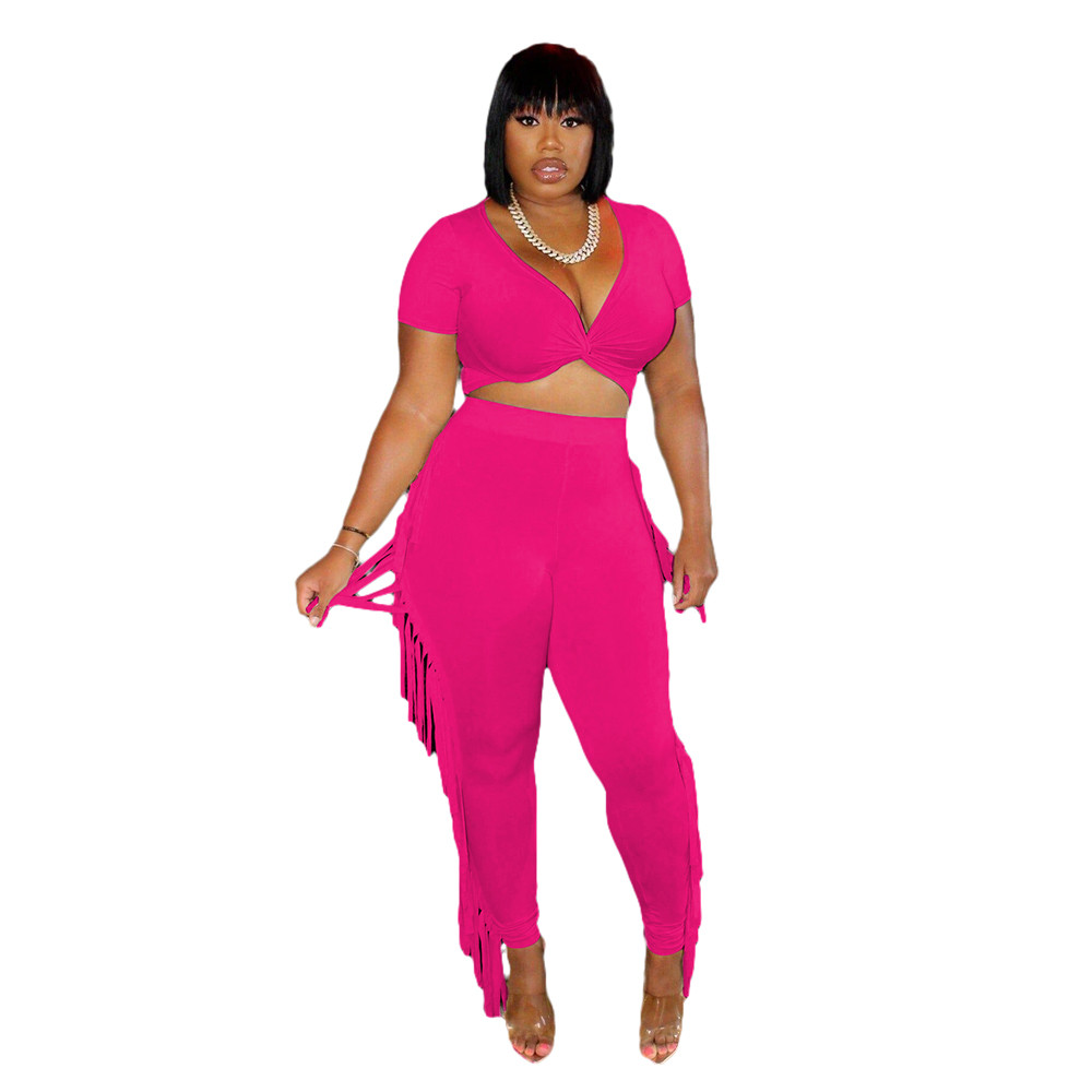 2023 Designer Summer Outfits Women Tracksuits Two Piece Sets Short Sleeve V Neck Criss-Cross Crop Top and Tassels Pants Sweatsuits Casual Sports Suits