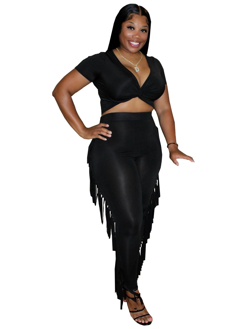 2023 Designer Summer Outfits Women Tracksuits Two Piece Sets Short Sleeve V Neck Criss-Cross Crop Top and Tassels Pants Sweatsuits Casual Sports Suits