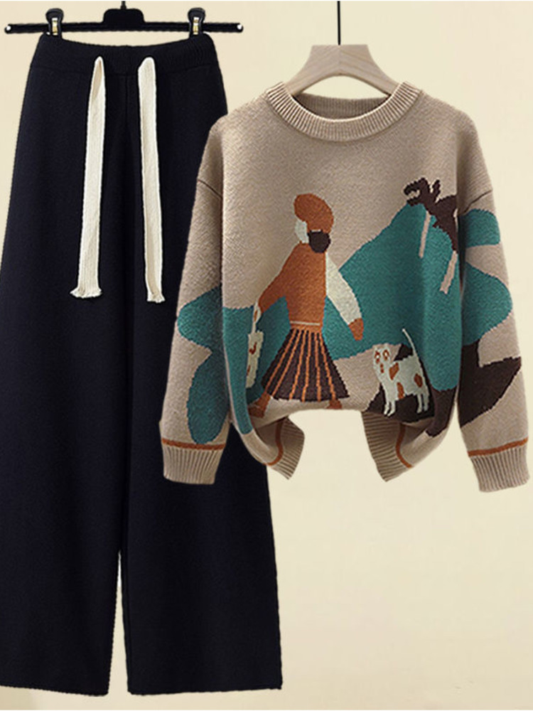 Women's Two Piece Pants Fall Winter 2 Piece Sets Womens Outfits Office Ladies Oversized Knitted Swerter And Wide Leg Pants Suits Knitting Two Pie