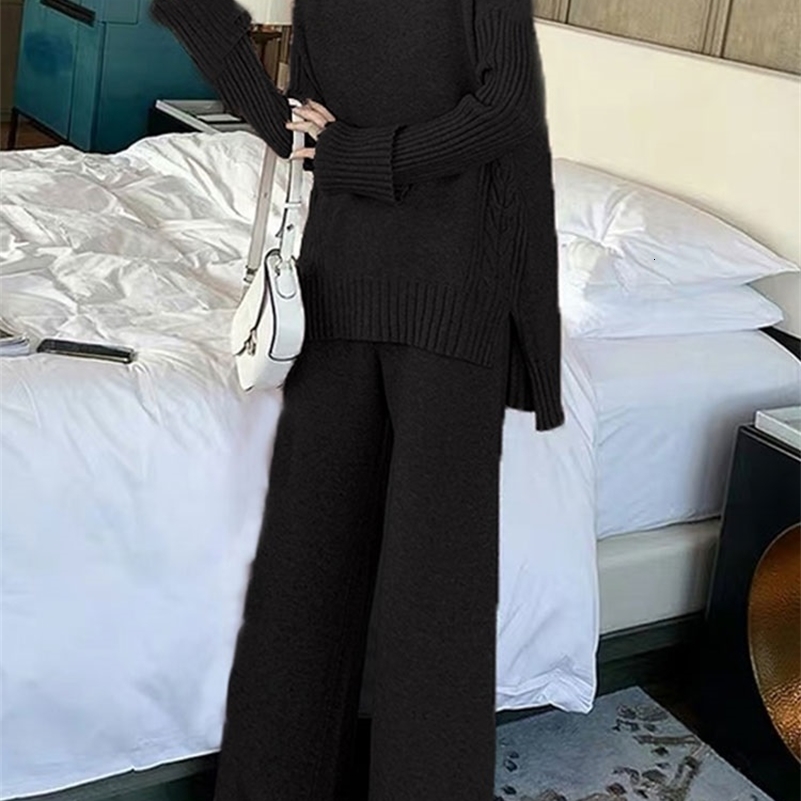 Women's Two Piece Pants JXMYY Sweater Set Women Tracksuit Spring Autumn Knitted Suits 2 Warm Turtleneck Pullovers Wide Legs 230223