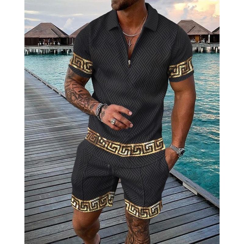 Mens Suits Mens Summer Tracksuit Luxury Gold Chain Polo Shirt Set Turn Down Collar Zipper Clothing Streetwear Casual Outfit Suit