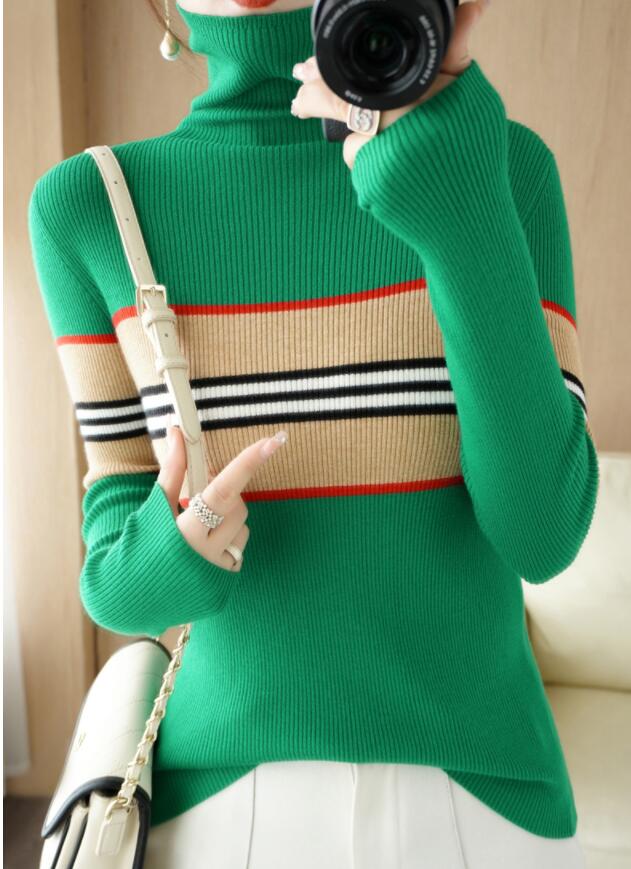 

2023 spring autumn New Fashion Turtle Neck sweaters Slim Pullover Long Sleeve Dress Casual Office Cashmere blend Undercoat Top Thin Stripe stitching Sweater Women, 05