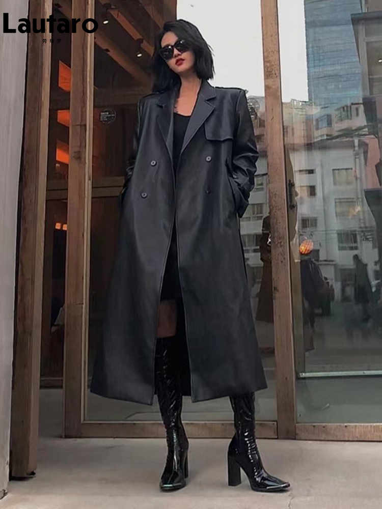 Womens Jackets Lautaro Spring Autumn Long Black Soft Pu Leather Trench Coat for Women Belt Double Breasted Cool Handsome European Fashion 230224