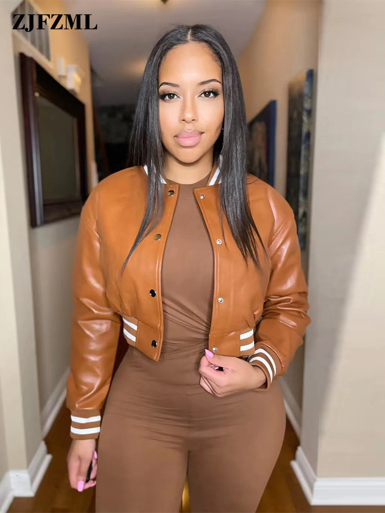 Womens Jackets Letter B PU Faux Leather Crop Bomber Coat Ladies Stand Collar Full Sleeve Baseball Streetwear Button Down Slim Fit Coats 230224