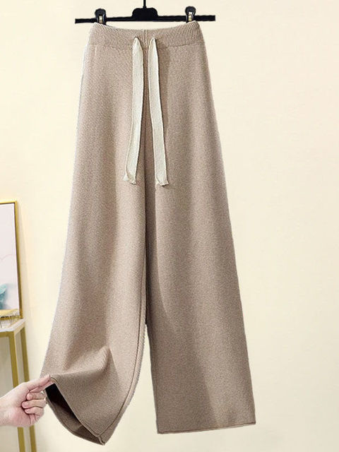 Women's Two Piece Pants Fall Winter 2 Piece Sets Womens Outfits Office Ladies Oversized Knitted Swerter And Wide Leg Pants Suits Knitting Two Pie