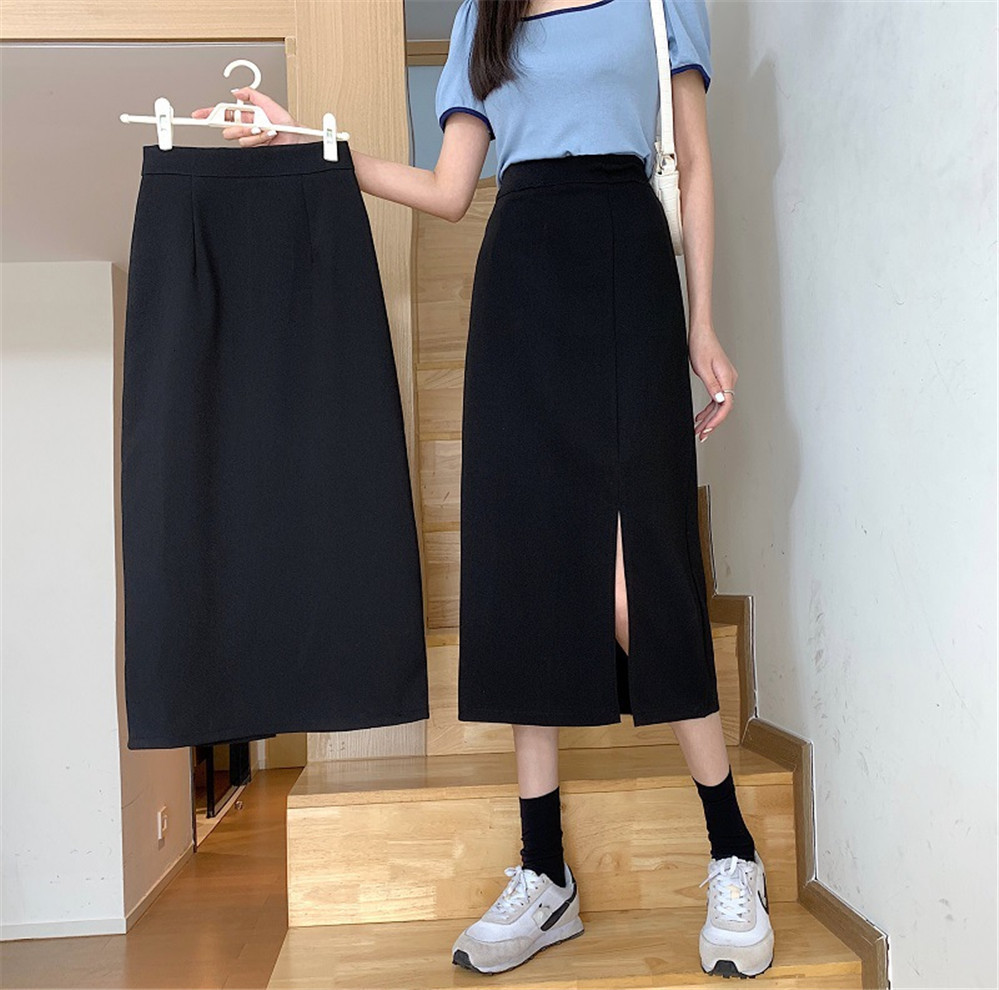 Skirts Women Black Highwaist Sidesplit Midi Skirt Ladies Stretchy Bodycon Aline Vintage Elegant Allmatch Simple Fashion 230224