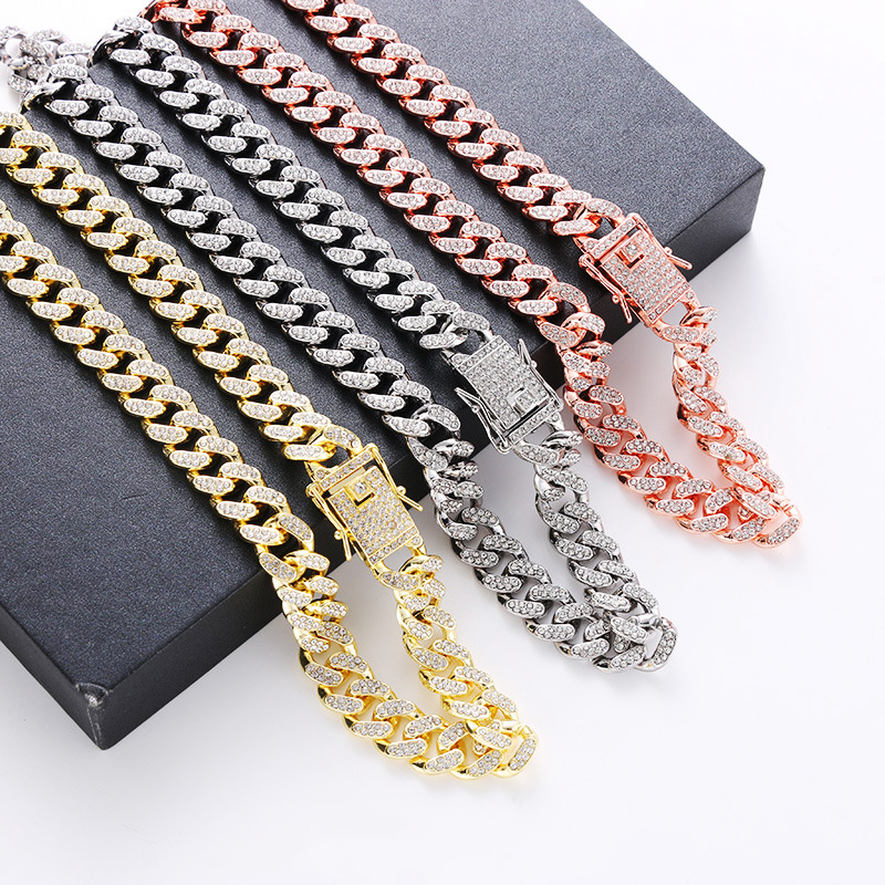 european hip hop tide cuban chain 12mm full drill men and women hiphop gold plating necklace foreign trade