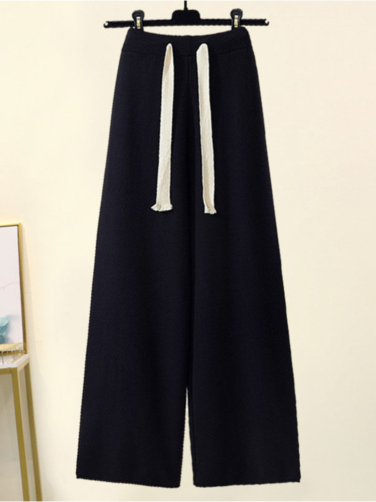 Women's Two Piece Pants Fall Winter 2 Piece Sets Womens Outfits Office Ladies Oversized Knitted Swerter And Wide Leg Pants Suits Knitting Two Pie
