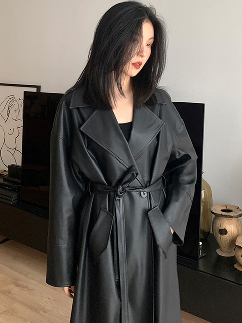 Womens Jackets Lautaro Spring Autumn Long Oversized Black Leather Trench Coat for Women Sashes Single Button Loose Stylish Korean Fashion 230224