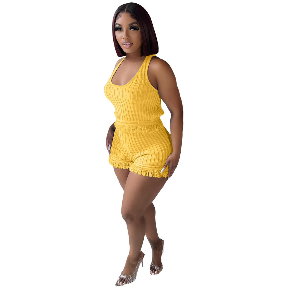 2023 Designer Two Piece Sets Womens Tracksuits Summer Tassels Outfits Solid Sleeveless Tank Crop Top and Shorts Casual Sports Suits Bulk Items Wholesa