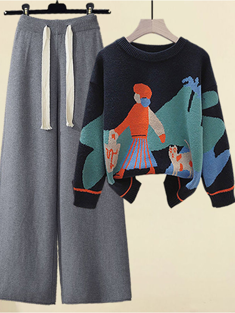 Women's Two Piece Pants Fall Winter 2 Piece Sets Womens Outfits Office Ladies Oversized Knitted Swerter And Wide Leg Pants Suits Knitting Two Pie