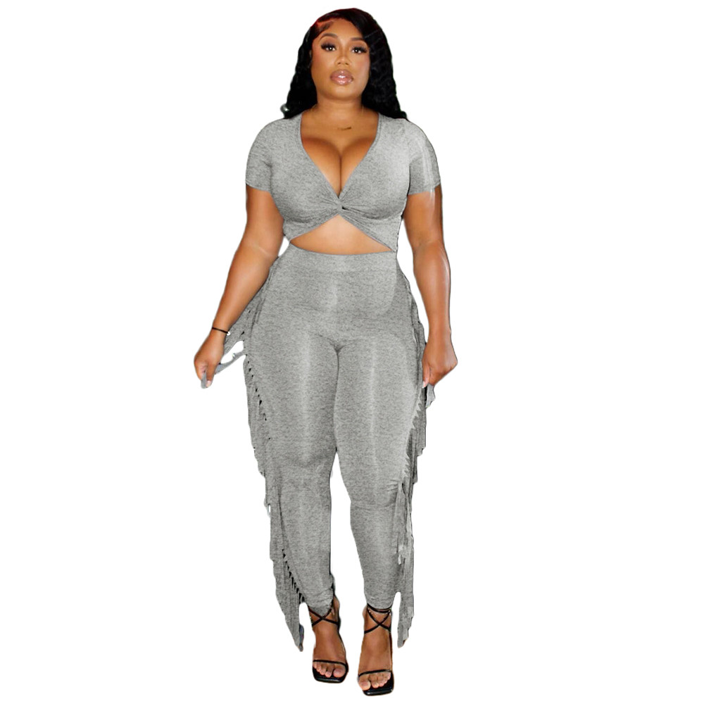 2023 Designer Summer Outfits Women Tracksuits Two Piece Sets Short Sleeve V Neck Criss-Cross Crop Top and Tassels Pants Sweatsuits Casual Sports Suits