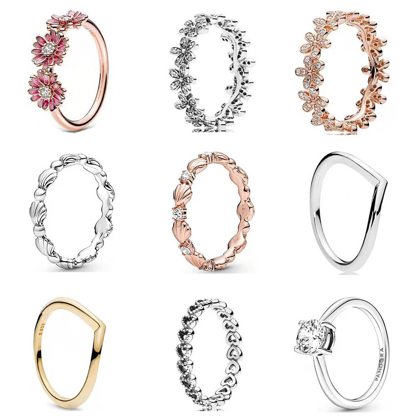 Pandora-925 Sterling Silver Dangle Charms V-shaped Sparkling Zircon Ring Daisy Love Fashion Couple Ring Fashion Trend