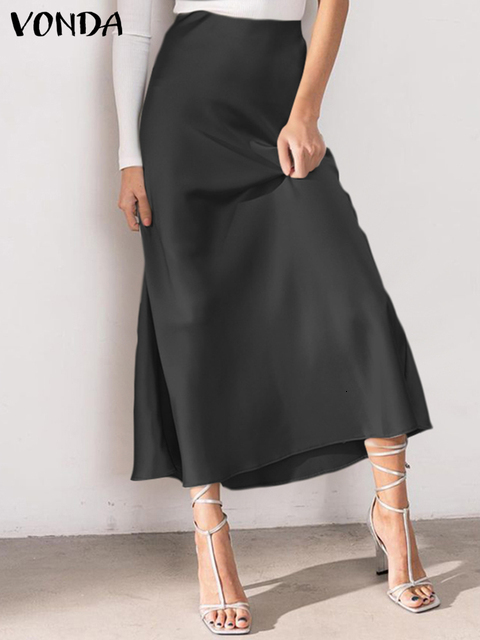 Skirts Fashion Bottoms VONDA 2023 Summer Women Elegant Party Long Satin Jupe Solid Pleated Loose High Waist Maxi Faldas Saias 230224