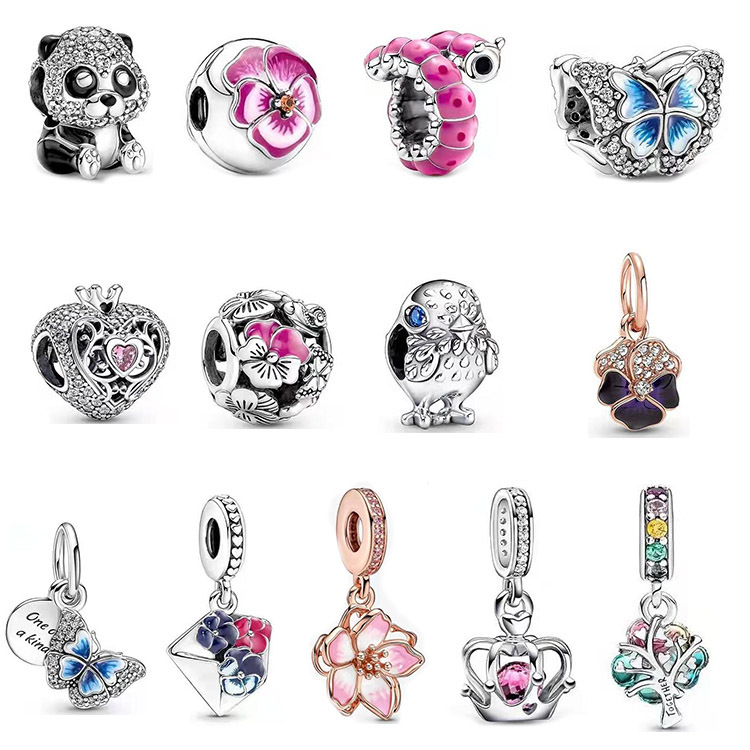 Pandora-925 Sterling Silver Dangle Charms Spring New Pink Pansy Flower Diy Crown Bracelet Accessories Blue Glittering Butterfly Beads