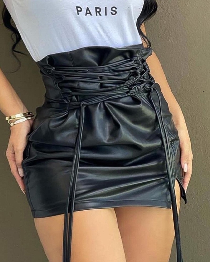 Skirts Laceup High Waist PU Leather Mini Skirt Nightclub Sexy Personality Europe and America Fashion Womens Clothing 230224