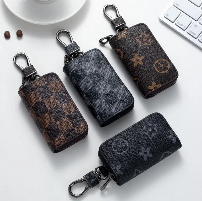 

Keychains Lanyards PU Leather Bag Keychains Car Keys Holder Key Rings Black Plaid Brown Flower Pouches Pendant Keyrings Charms for Men Women Gifts 4 colors