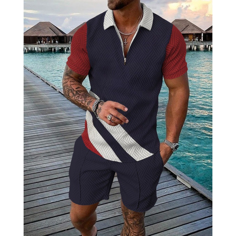 Mens Suits Mens Summer Tracksuit Luxury Gold Chain Polo Shirt Set Turn Down Collar Zipper Clothing Streetwear Casual Outfit Suit
