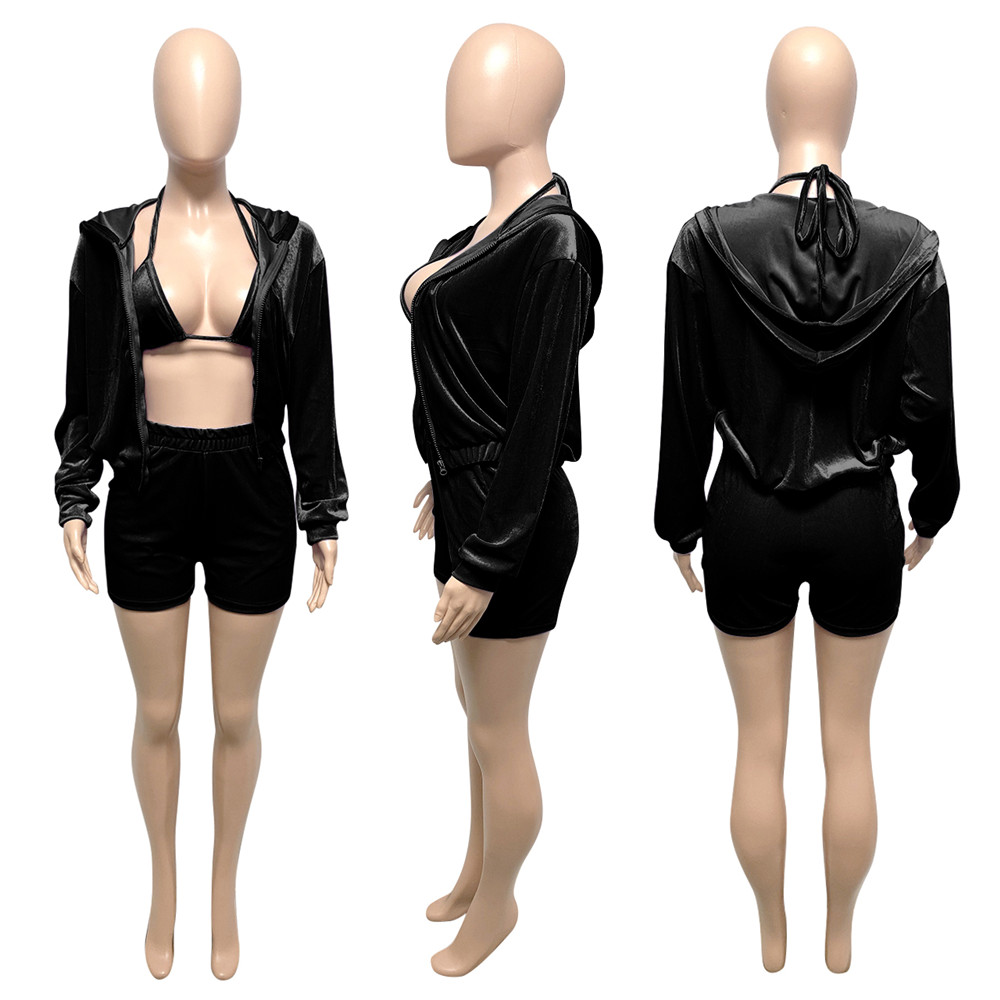 2023 Designer Velvet 3 Pieces Sets Women Tracksuits Sexy Halterneck Bra Shorts and Jacket 3pcs Spring Outfits Casual Velour Sweatsuits Bulk Wholesale 