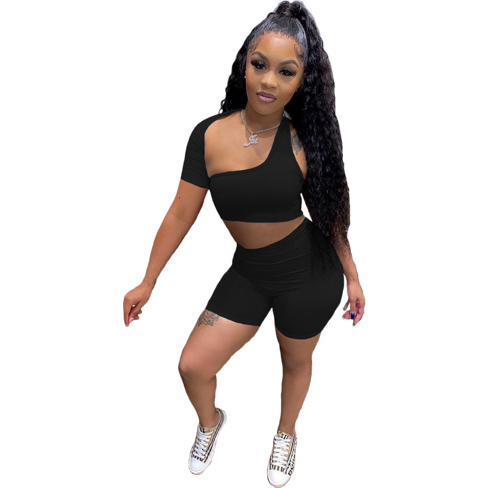 2023 Designer Summer Tracksuits Women Outfits Two Piece Sets Spring Clothes One Sleeve hollow out Crop Top and Shorts Casual Sportswear Wholesale Bulk