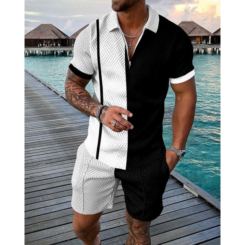 Mens Suits Mens Summer Tracksuit Luxury Gold Chain Polo Shirt Set Turn Down Collar Zipper Clothing Streetwear Casual Outfit Suit