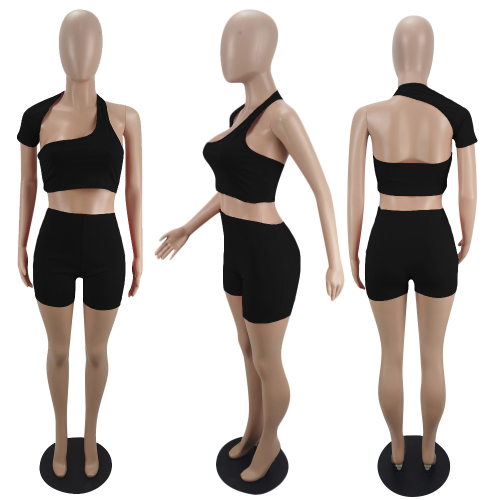 2023 Designer Summer Tracksuits Women Outfits Two Piece Sets Spring Clothes One Sleeve hollow out Crop Top and Shorts Casual Sportswear Wholesale Bulk