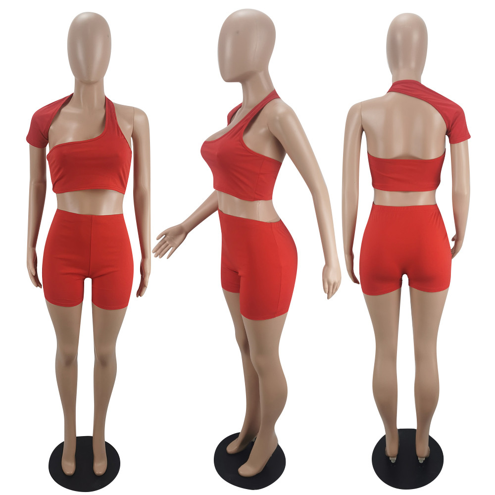 2023 Designer Summer Tracksuits Women Outfits Two Piece Sets Spring Clothes One Sleeve hollow out Crop Top and Shorts Casual Sportswear Wholesale Bulk