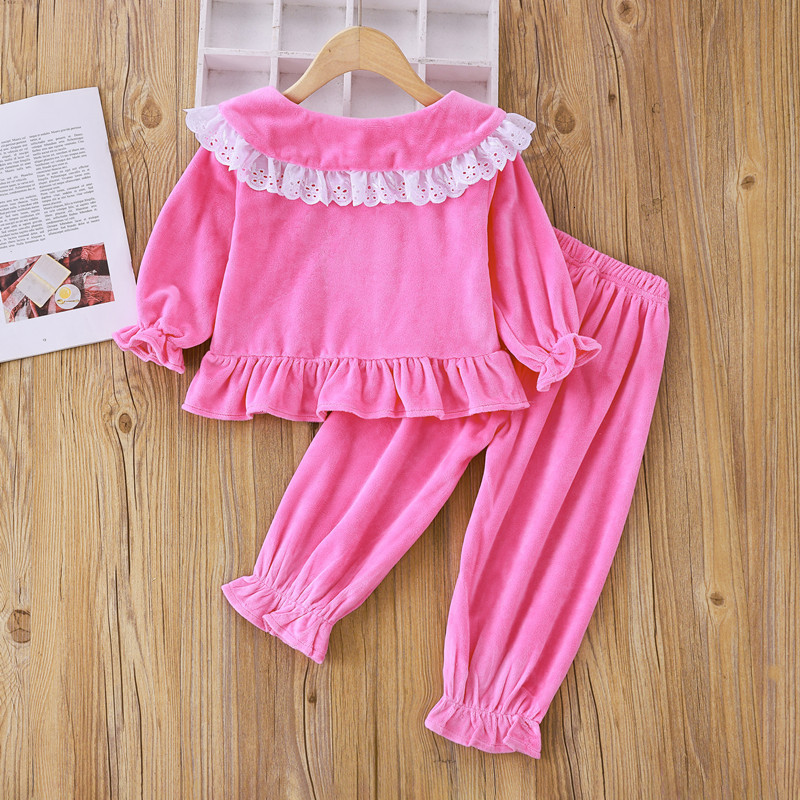 Pajamas Princess Children Baby Clothing Set Kids Cute Sleepwear Autumn Velvet Nightwear Ruffle Girls Pyjamas Lace Pijamas 230224
