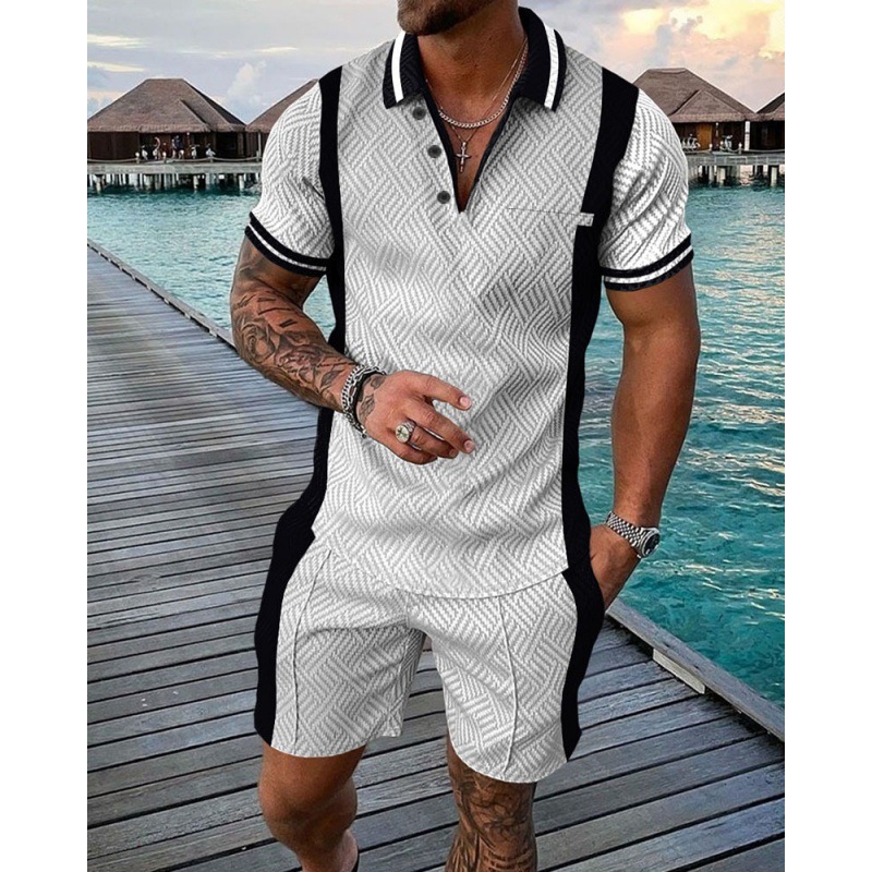 Mens Suits Mens Summer Tracksuit Luxury Gold Chain Polo Shirt Set Turn Down Collar Zipper Clothing Streetwear Casual Outfit Suit