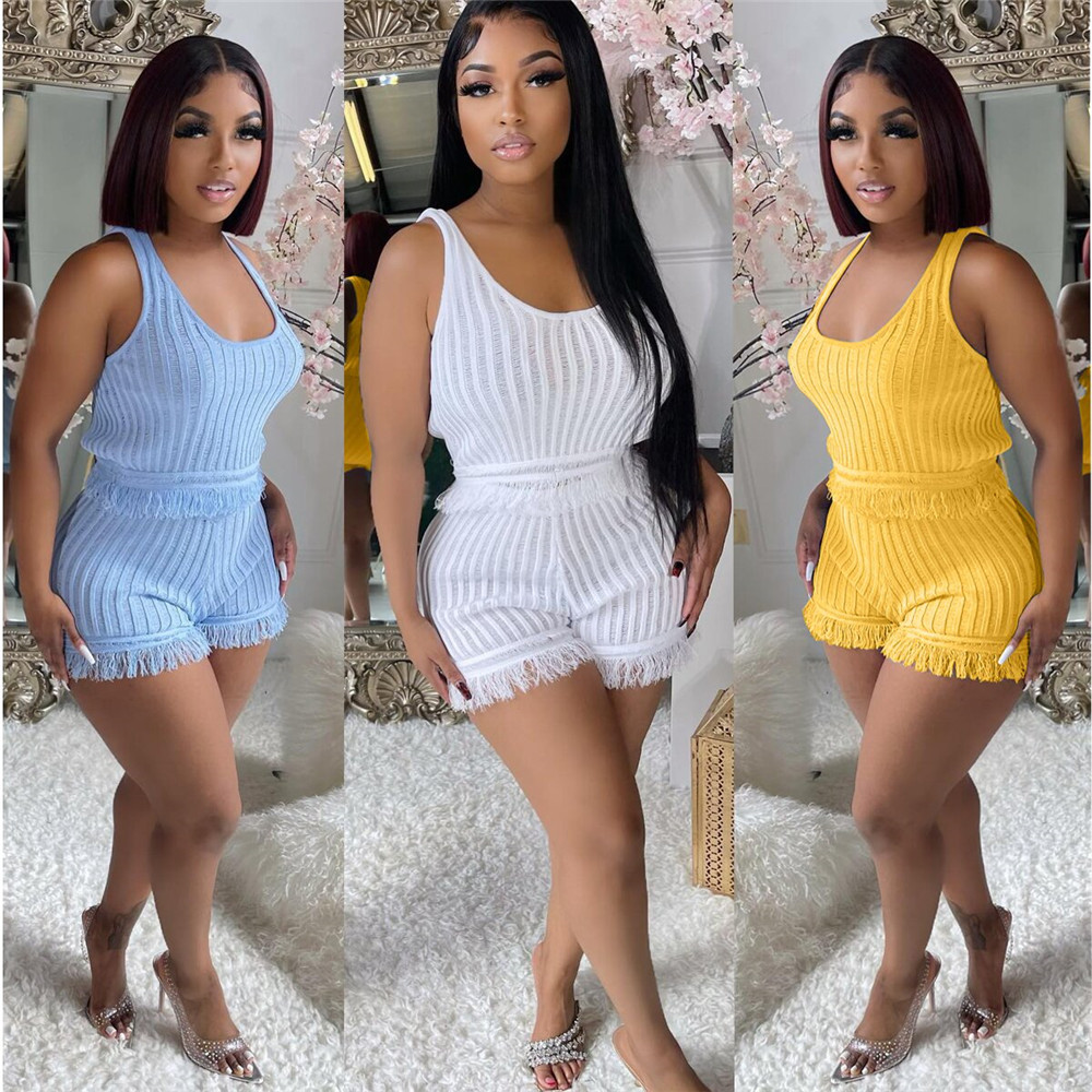 2023 Designer Two Piece Sets Womens Tracksuits Summer Tassels Outfits Solid Sleeveless Tank Crop Top and Shorts Casual Sports Suits Bulk Items Wholesa
