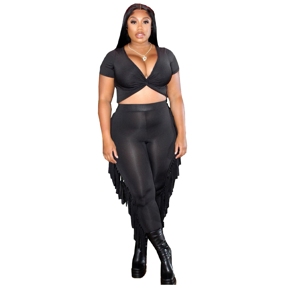 2023 Designer Summer Outfits Women Tracksuits Two Piece Sets Short Sleeve V Neck Criss-Cross Crop Top and Tassels Pants Sweatsuits Casual Sports Suits