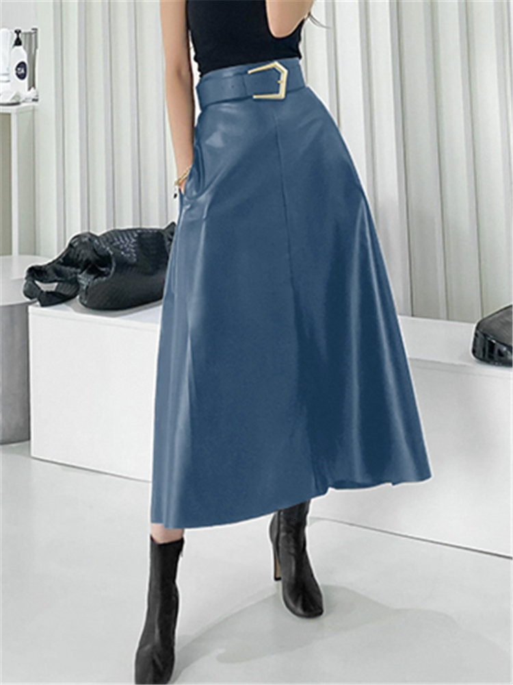 Skirts Seoulish Classic Black Faux PU Leather Long with Belted High Waist Umbrella Ladies Female Autumn Winter 230224