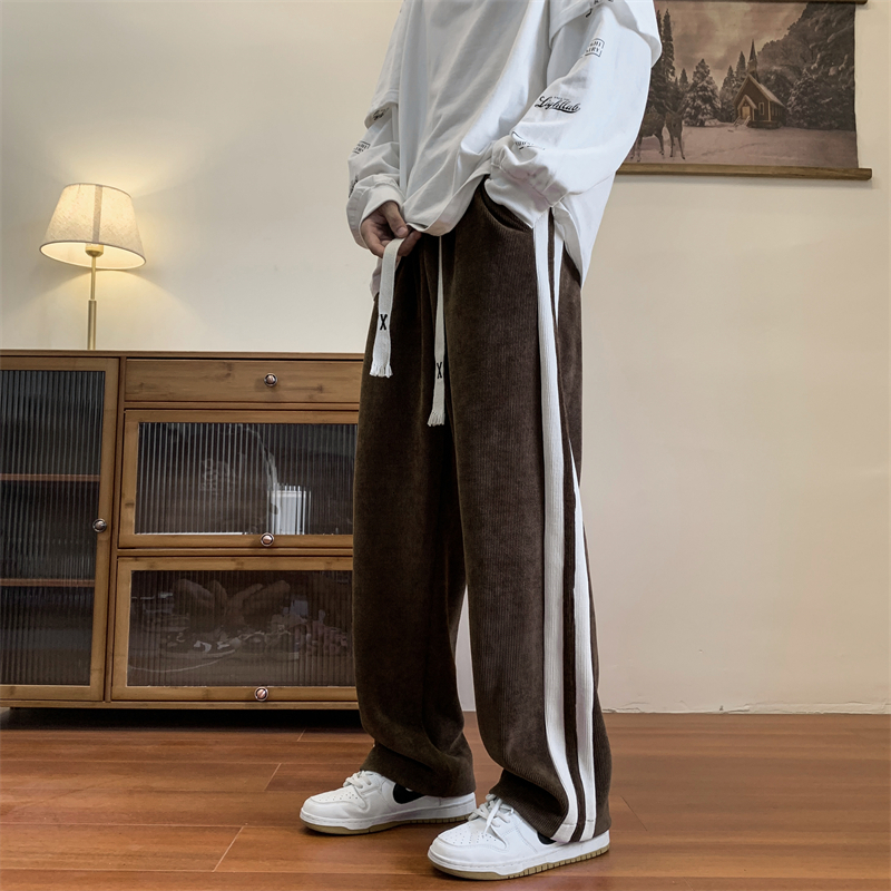 Mens Pants Loose Coffee Corduroy Pants Men Women Drawstring Striped Wide Leg Pants Autumn Casual Easy Care Antiwrinkle Mopping Trousers 230224
